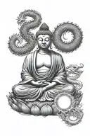 spiritual buddha with yin Yang third eye and dragon wrapped around meditating  tattoo design idea