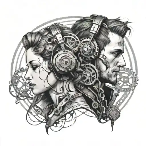 male and female touching foreheads, both wearing headphones, steampunk gears background tattoo design idea