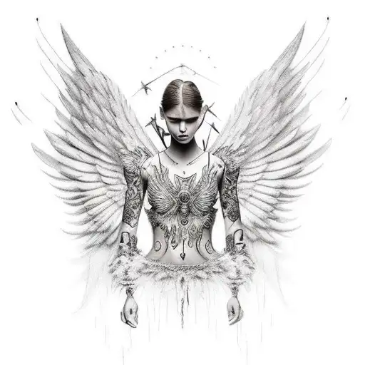 warrior angel with wings spread with scars tattoo design idea
