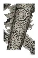 Greek patchwork sleeve tattoo design idea