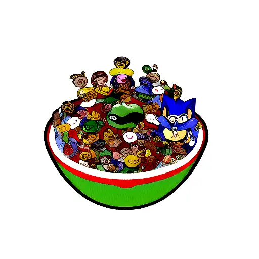 yoshi, sonic, peanut, needles, pins, chili pepper, smiley tattoo design idea