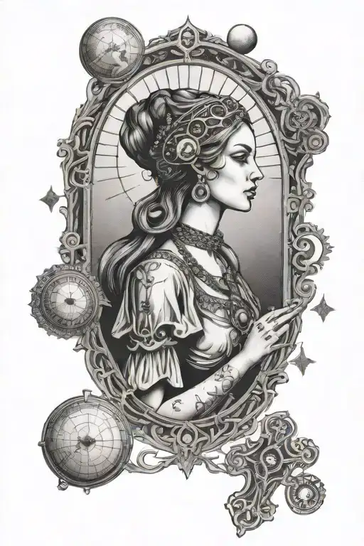 High priestess tarot card, antique key, moon phases  tattoo design idea