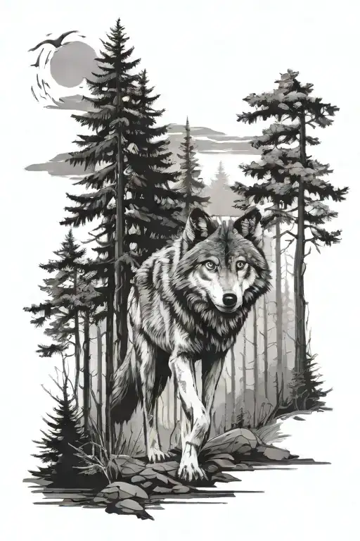 wolf walking in the forest tattoo design idea
