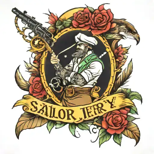 full sleeve tattoo with a combination of the following themes: sailor Jerry, hunting, wilderness  tattoo design idea