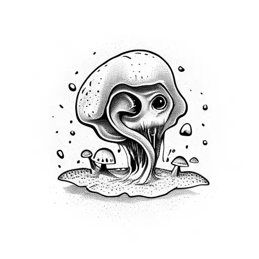 melting alien face with a large mushroom growing on top, sleeve style tattoo for forearm tattoo design idea