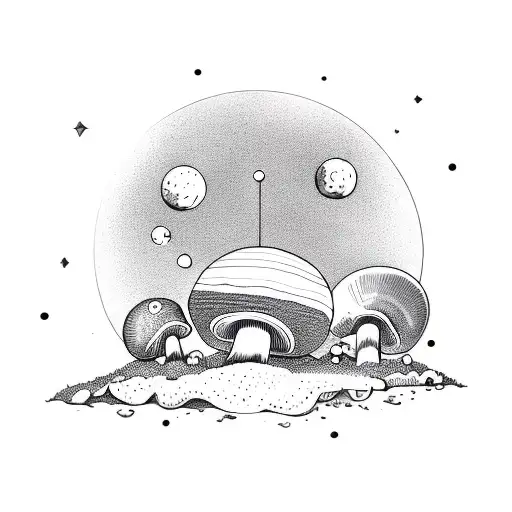 solar system over a garden of mushrooms tattoo design idea