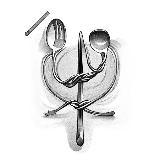 A black-grey tattoo of a fork and spoon intertwined with a winding road tattoo design idea