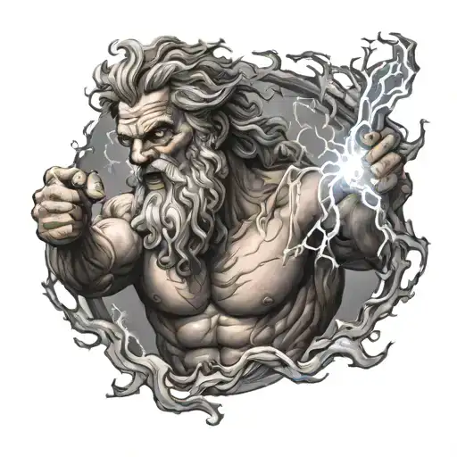 Zeus holding a lightning bolt looking scary and flying  tattoo design idea