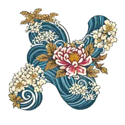 background of waves with flowers in the foreground: peonies, chrysanthemums, lotus, cherry blossoms tattoo design idea