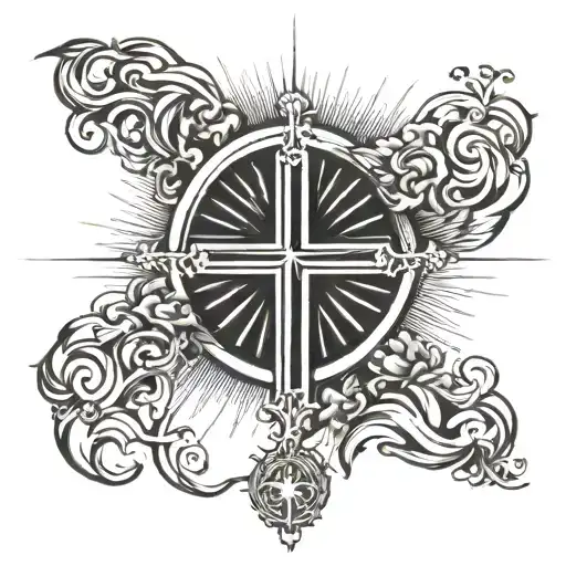 Cross on chest with sun rays radiating tattoo design idea