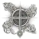 Cross on chest with sun rays radiating tattoo design idea