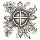 Cross on chest with sun rays radiating tattoo design idea