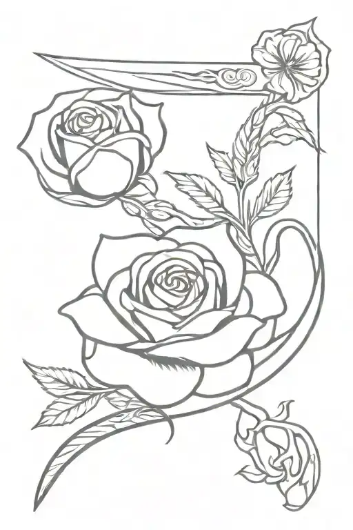 stiletto pocket knife with rose and wheat tattoo design idea
