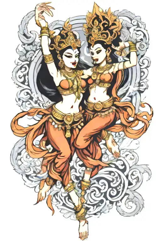 merge 3 dancing apsaras tattoo design idea