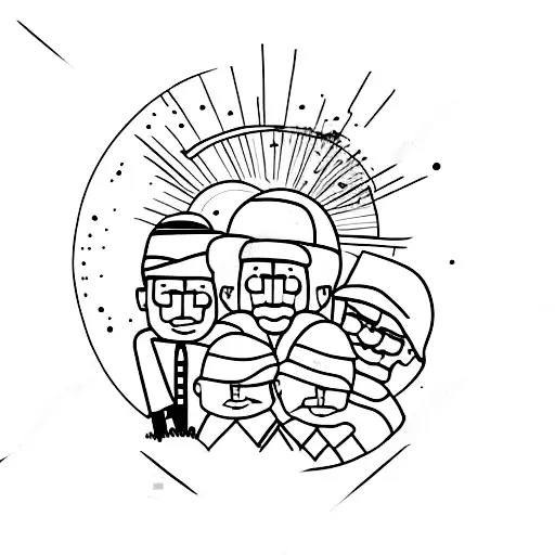 Father and two sons walking on a trail with a beautiful sunset backdrop tattoo design idea