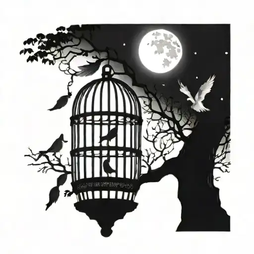 bird flying in the middle of the night and a moon and a cage hanging from a tree tattoo design idea