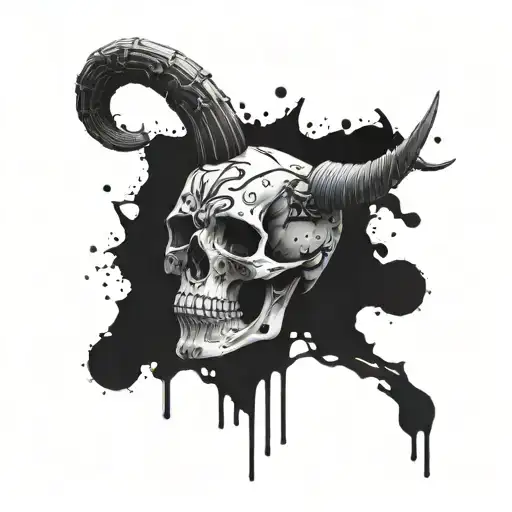 A skull made of splattered ink with Aries horns emerging from the top, surrounded by dark and eerie elements tattoo design idea