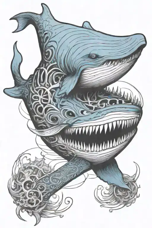 blue whale with skeleton tail, four flippers and six eyes tattoo design idea