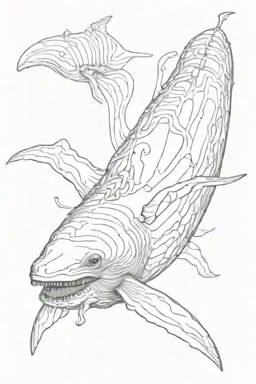 blue whale with skeletal tail, four flippers and six eyes tattoo design idea