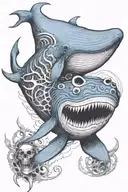 blue whale with skeleton tail, four flippers and six eyes tattoo design idea