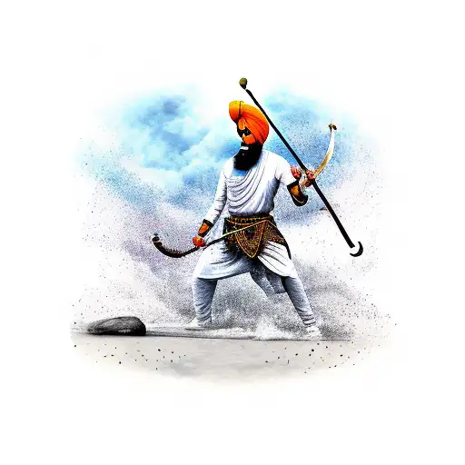 Sikh warrior performing Gatka with an eagle soaring above tattoo design idea
