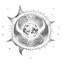 A celestial scene of the moon and sun embracing each other, with the name Roberto written in elegant script between them tattoo design idea