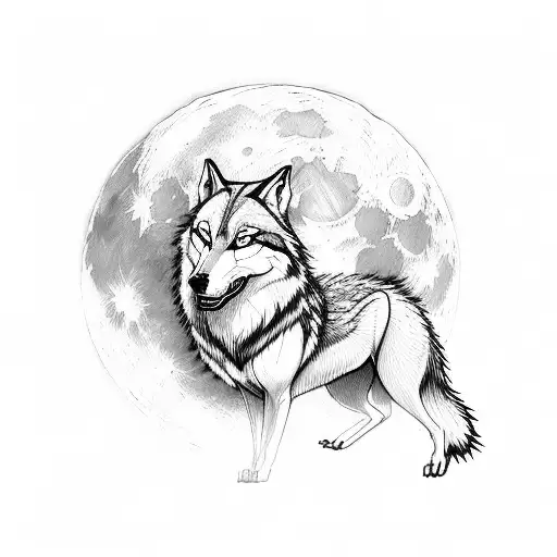 A wolf howling at the moon with subtle BTS references hidden in the background tattoo design idea