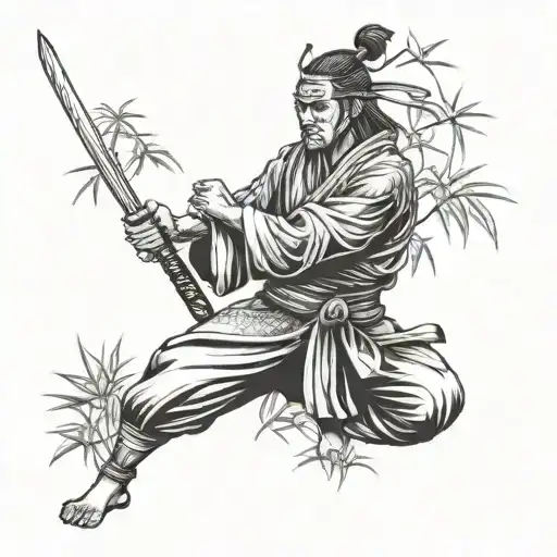 A peaceful samurai warrior practicing martial arts in a serene bamboo forest tattoo design idea