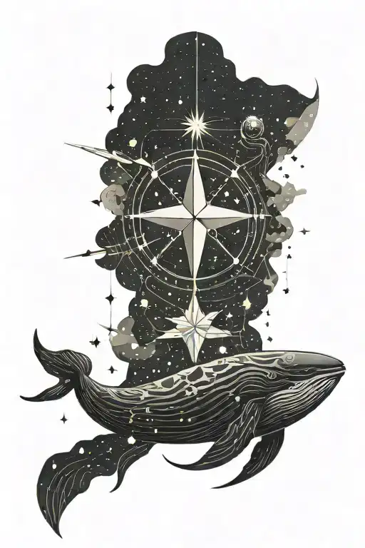 starry sky bts with whale, circus of wandering children, star compass ateez tattoo design idea