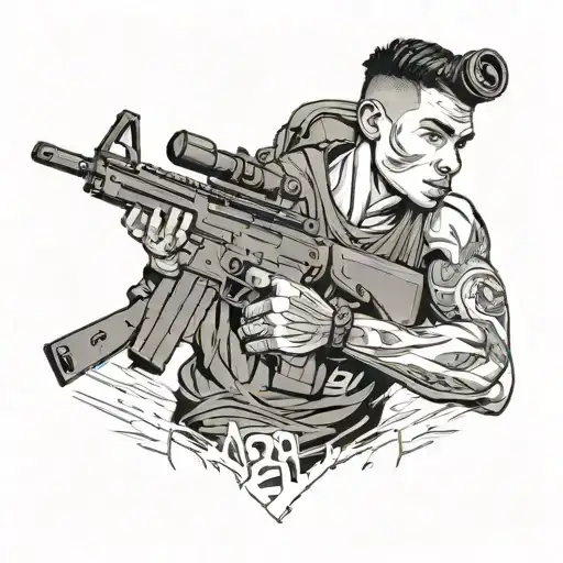 A basketball player holding a sniper rifle, with the number 21 on their jersey tattoo design idea