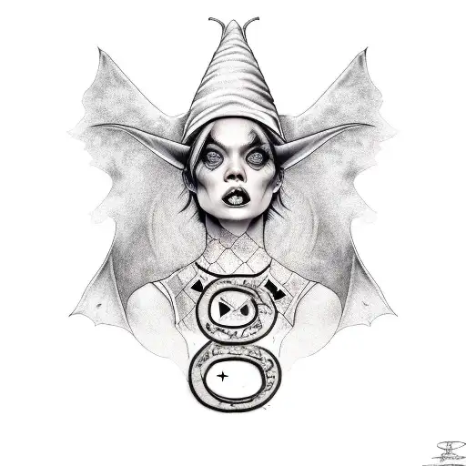 A realistic portrait of a witch with a bat perched on her shoulder and the number 666 on her hat tattoo design idea