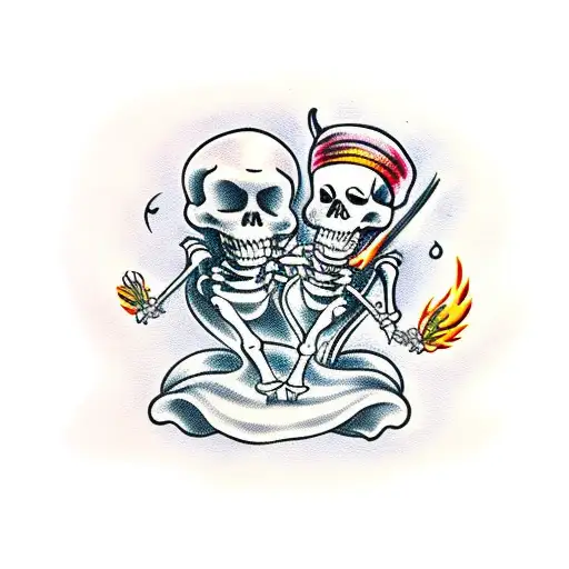 witches and skeletons dancing around a fire  tattoo design idea