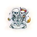 witches and skeletons dancing around a fire  tattoo design idea