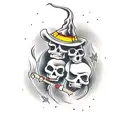 witches and skeletons dancing around a fire  tattoo design idea