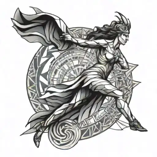 A detailed tattoo of Nike, the Greek goddess of victory, in a dynamic pose tattoo design idea