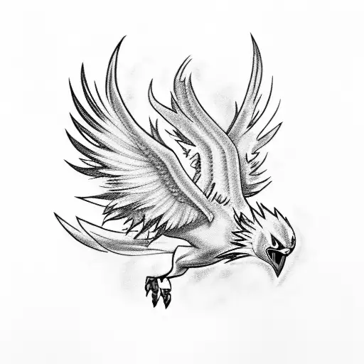A majestic fusion of Articuno, Zapdos, and Moltres in flight tattoo design idea