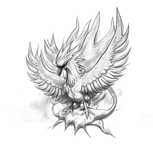 A detailed sketch of Articuno, Zapdos, and Moltres perched on a branch tattoo design idea