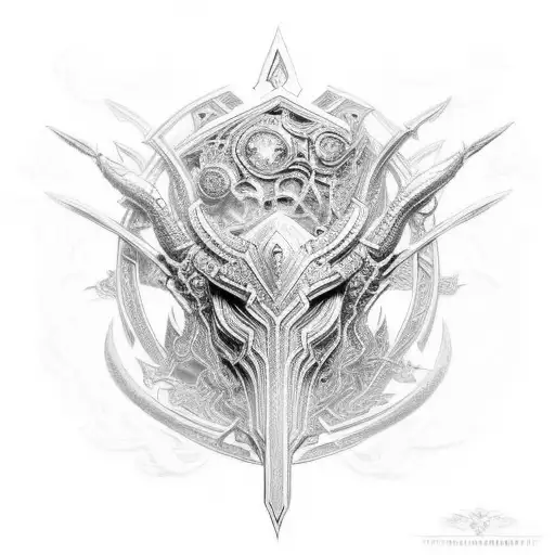 An intricate armor design inspired by Elden Ring, incorporating symbols of Malenia tattoo design idea