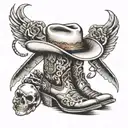 cowboy boots, hat, trinity gun and moon tattoo design idea