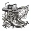 cowboy boots, hat, trinity gun and moon tattoo design idea
