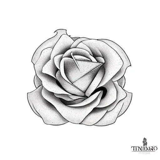minimalist 20-sided dice with roman 20, two rose peonies and an elegantly designed black and white sword tattoo design idea