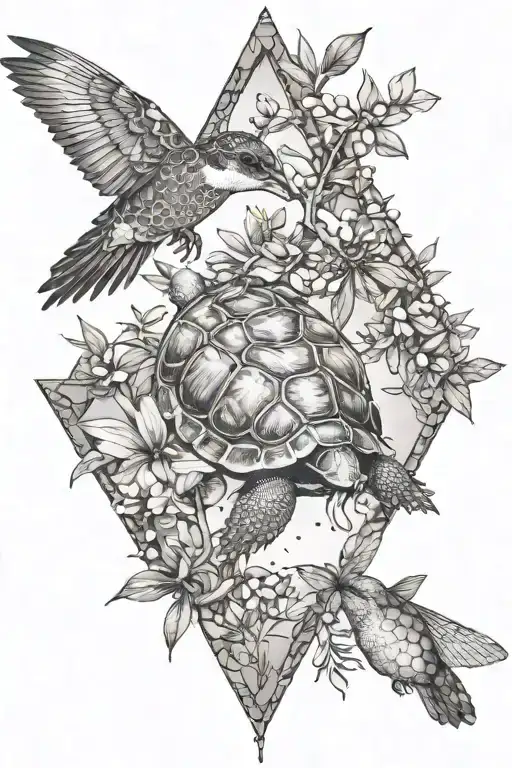 tortoise and humming-bird and olive tree and triangle and dragonfly tattoo design idea