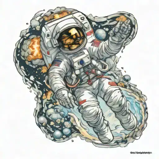 astronaut floating in space burning world map tattoo design idea