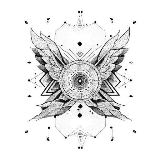 create a perfect black pointillism tattoo, inspired by electronic music, musical notes, sound waves, cdj, mixer, wings,  tattoo design idea