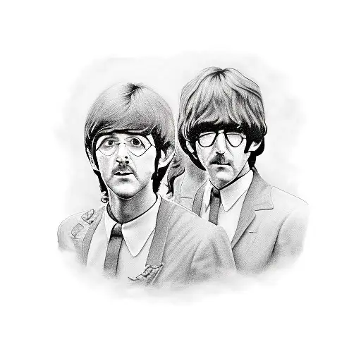 A realistic black and grey tattoo depicting a classroom scene with the Beatles as students, each holding a different musical instrument tattoo design idea