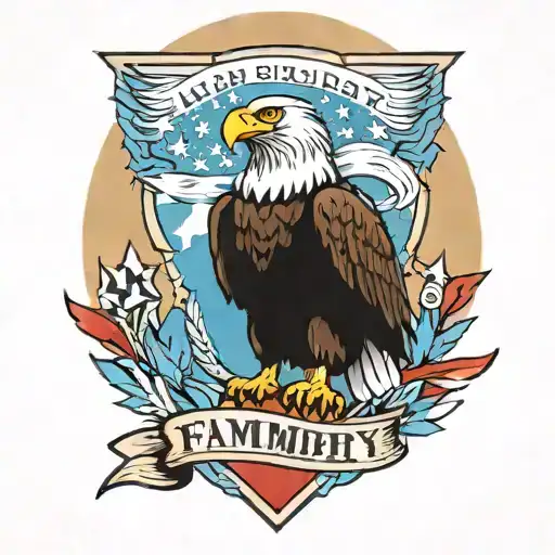 A neotraditional design of a patriotic eagle carrying a banner with the words 'In Memory of Family', surrounded by military and North Carolina symbols tattoo design idea