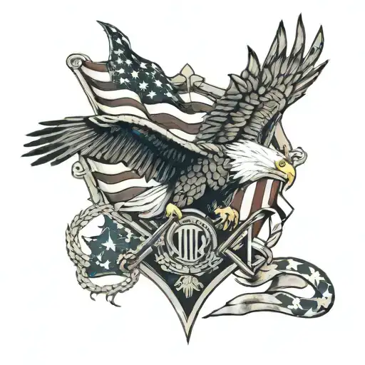 A collage of patriotic symbols like the American flag, bald eagle, and military insignia, all intertwined to form a cohesive design tattoo design idea