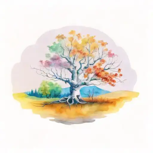 aspen tree with roots, fall colors in watercolor tattoo design idea