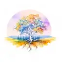 aspen tree with roots, fall colors in watercolor tattoo design idea