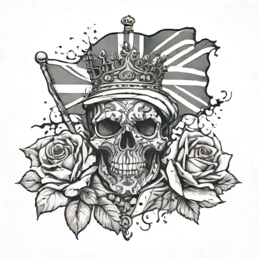 I want an African-American man with flowers, blood, guns and dollars around him with the Great Britain flag in the backg tattoo design idea